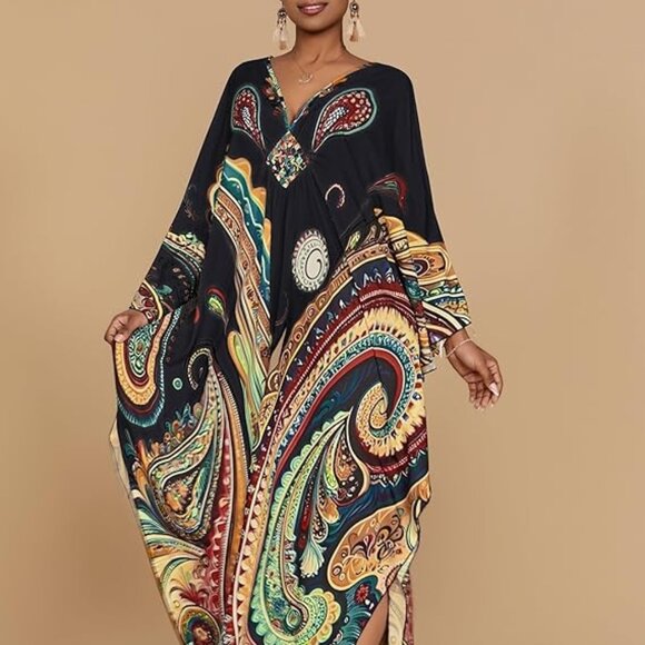 Dresses & Skirts - Ethnic Print Plus Size Beach Cover Ups Batwing Sleeve Caftans with Pockets